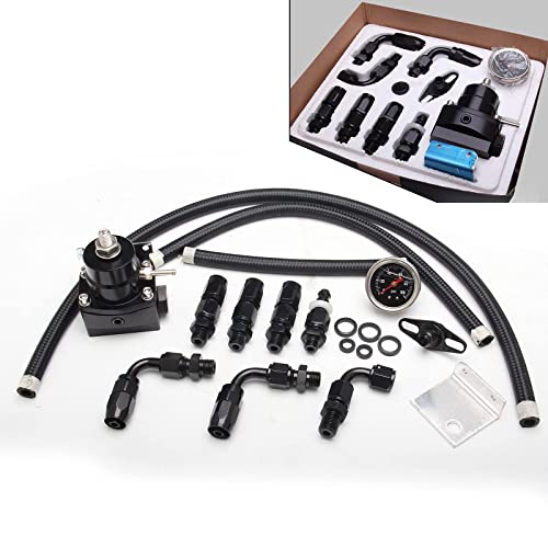 EFI Fuel Pressure Regulator Kit with 0-100psi Pressure Gauge AN6-6AN Aluminum Adjustable Universal Fuel Line Hose Fitting Connectors Kit Black HTRACING - color: Black