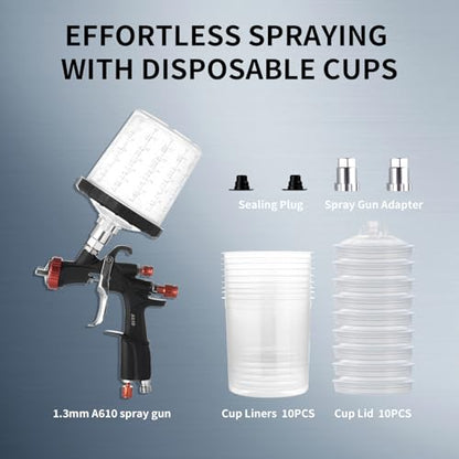 AEROPRO Tools R500 LVLP Air Spray Gun with 22 Ounce Disposable Paint Cups - size: A610 With Disposable Cup Kit