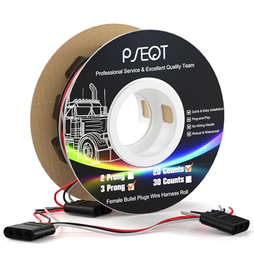 PSEQT 20 Counts 3 Prong Wire Harness Roll 3-Pin Female Bullet Plugs, 18 AWG Continuous Wire Harness 7" Spacing on Lead for LED Side Tail Clearance Marker Lights for Trailer Truck Bus ATV Van - size: 20 Counts