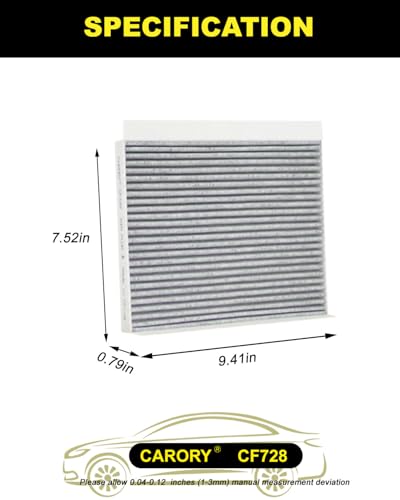 CARORY Cabin Air Filter w/Activated Carbon for Hyundai Elantra 07-16 (Except Touring), Kia Forte 14-18, Hyundai Accent 08-11, Elantra GT 13-17, Kia Forte5 14-18, Forte Koup 14-17, Rondo 14-17, CF728 - size: 7.5" x 9.4" x 0.8"