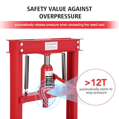 GarveeTech 12T Hydraulic Shop Press, H-Frame Heavy Duty Garage Floor Shop Press Tool with Plates, Adjustable Working Table Height to Bend, Straighten, Or Press Parts, Red