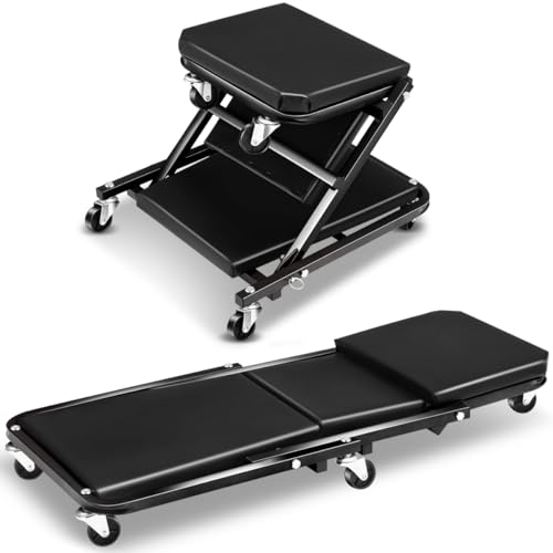 Foldable Creeper, 2-in-1 Rolling Garage Z Creeper Car & Seat, 36" Roller Mechanics Under Car Chair, 330 LBS Weight Capacity Heavy Duty, Black - color: Black, size: 36 Inch Length