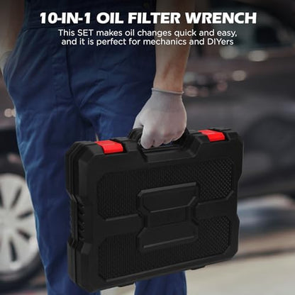 10-Piece Oil Filter Wrench Set 2-3/8"to 4-3/4", 12-Inch Adjustable Oil Filter Plier, Universal 3-Jaw Oil Filter Wrench, 1/2"Quick Release Ratchet Handle, 1/2"-3/8" Adapter, Towel in Storage Case - style: New Version