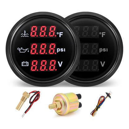 MH Triple Gauge Set - Water Temp (104°F-248°F), Oil Pressure (0-145PSI), Voltmeter (9-32V), AUTO Gauge with Sensors 2" 52mm 3-in-1 Boat Marine Meter Kit (Black) - color: Black