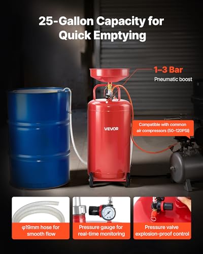 VEVOR 25 Gallon Waste Oil Drain Tank, Air Operated Portable Oil Drainer with Adjustable Funnel Height, Industrial Fluid Drain Tank with Wheels, Fluid Fuel Transfer Drainage for Auto Repair Shops, Red - size: 20.9 x 17.1 x 68.1 in
