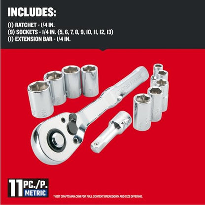 CRAFTSMAN Mechanics Tool Set, Metric, 1/4 Inch Drive, 11 Piece, 90-Tooth (CMMT34871) - size: 1/4 in