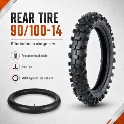 Motocross Tire Set, 70/100-17 Front and 90/100-14 Rear, 2 Tires with 2 Inner Tubes for Electric Dirt Bikes
