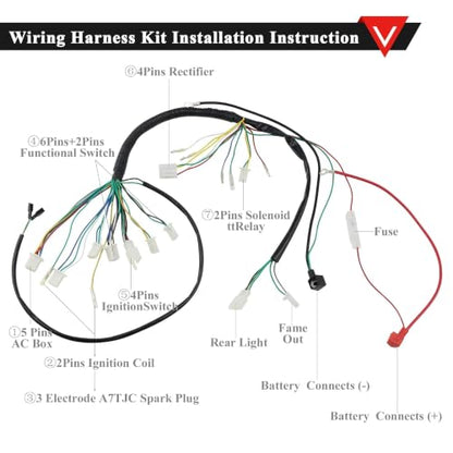 PRO BAT Full Electrics Wiring Harness 3-Pin Brake Light 2-Coil Stator - color: White Spark Plug, size: Full-wave Rectifier