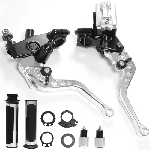 7/8" 22mm Motorcycle Brake Lever Handlebar Master Cylinder Clutch Levers Left & Right Set + Hand Grips + Handlebar Ends Set for Honda Kawasaki Suzuki Yamaha (Silver) - color: Silver