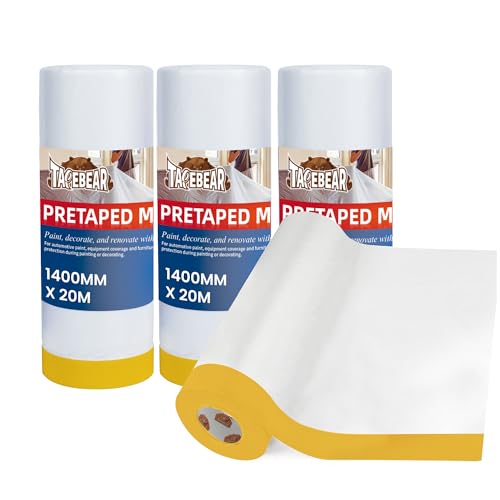 TAPEBEAR Pre-Taped Masking Film Plastic Sheeting Cover for Painting - size: 55" x 66Feet