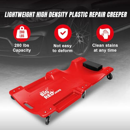 BIG RED TRP6240 Torin Blow Molded Plastic Rolling Garage/Shop Creeper: 40" Mechanic Cart with Padded Headrest, Dual Tool Trays and 6 Casters, Red - style: Red Rolling Creeper