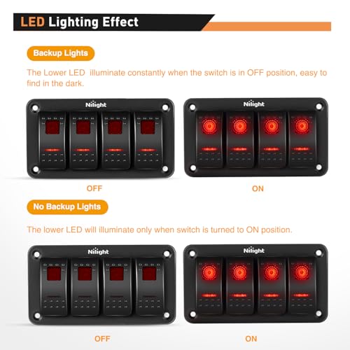 Nilight 4 Gang Rocker Switch Panel SPST On Off 5PIN Electrical Toggle Red - color: Red, size: 4 Gang