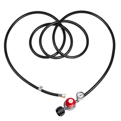 12 FT 4/6/8/10 FT Lengths Optional, High Pressure Propane Regulator with Gauge, 20 PSI Adjustable Propane Hose with QCC-1 Connector, for Turkey Fryers, Fire Pits, Grills, Smokers - size: 12 FT