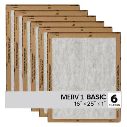 Filtrete 16x25x1 Air Filter, 3M MERV 1 HVAC Flat Furnace Filter Replacement, 6-Pack (Actual Size 15.98x25x0.98 in)