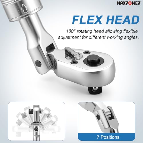 MAXPOWER 3/8" Dr Flex Head Socket Wrench, Extendable 11.6"- 17.1, Soft Grip - size: 3/8"
