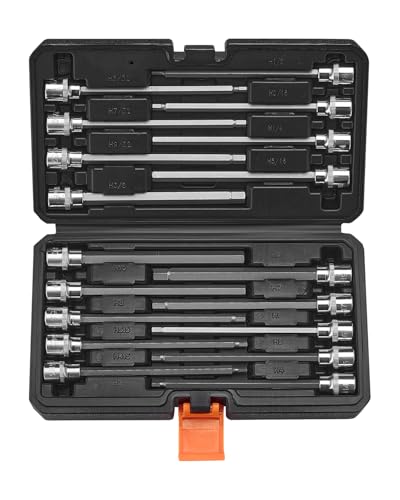 VEVOR Extra Long Allen Hex Bit Socket Set, 18-Piece 3/8 inch Drive, S2 Alloy Steel and Cr-V Steel, Standard SAE and Metric 1/8-Inch-3/8-Inch, 3-12mm, with Enhanced Storage Case, for Mechanics - size: 18 PCS