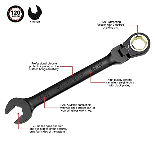 STARWORK TRUE MECHANIC™ 7-Piece 2-in-1 Flex-Head Ratcheting Wrench Set with Rolling Pouch, 120-Tooth, SAE&Metric - size: 7-Piece 120-Tooth Flex-Head
