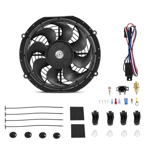 Universal 10-Inch Slim Electric Radiator Cooling Fan Kit – 12V 80W Push/Pull with Thermostat, Relay, Wiring Harness & Mounting Kit, Universal Fit – Black - size: 10 inch