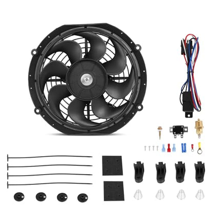 Universal 10-Inch Slim Electric Radiator Cooling Fan Kit – 12V 80W Push/Pull with Thermostat, Relay, Wiring Harness & Mounting Kit, Universal Fit – Black - size: 10 inch