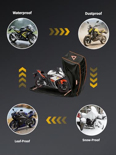 COVERVIN Full Enclosed Motorcycle Cover, 600D Heavy Duty Waterproof Motorcycle Cover, Outdoor UV Protection with Reflective Strips, Fits 96" Harley Honda Yamaha Suzuki, Black - size: XXL-96"
