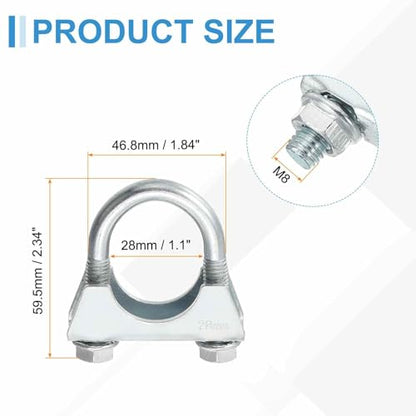 HARFINGTON U Bolt Muffler Exhaust Clamp 28mm(1-1/8") Galvanized Iron U-Bolt Clamps Muffler Tip Hook Saddle Exhaust Clip for Tip Pipes Connection - size: 28mm