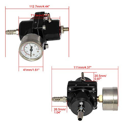 Universal Adjustable Fuel Pressure Regulator Kit with 0-140 PSI Gauge Aluminum Gas Oil Injection Pressure Regulator - color: Black