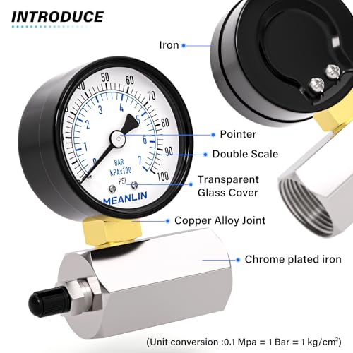 MEANLIN MEASURE 0~100Psi 2" Steel Double Graduated Air Test Pressure Gauges, 3/4" FNPT Connection, -3-2-3% Accuracy - size: 0-100Psi, style: Chrome Body