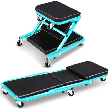 Foldable Creeper, 2-in-1 Rolling Garage Z Creeper Car & Seat, 36" Roller Mechanics Under Car Chair, 330 LBS Weight Capacity Heavy Duty, Ocean Blue - color: Blue, size: 36 Inch Length