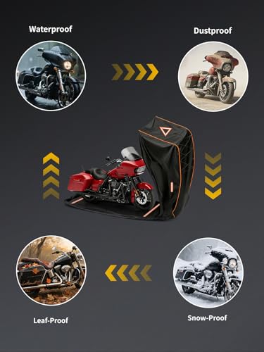COVERVIN Full Enclosed Motorcycle Cover, 600D Heavy Duty Waterproof Motorcycle Cover, Outdoor UV Protection with Reflective Strips, Fits 108" Harley Honda Yamaha Suzuki, Cruiser, Touring Black - size: XXXL-108"