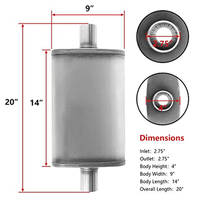 2.75 inch Exhaust Muffler,Straight-Through Performance Muffler Resonator with Universal Stainless Steel muffler for Cars, Trucks(2.75''Inlet/Outlet) - size: 2.75in, style: single in | single out