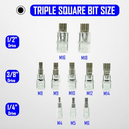 10-Pc XZN Triple Square Spline Bit Socket Set, 1/4", 3/8", 1/2" Drive, M4-M18, 12-Pt Tamper Proof - For BMW, Mercedes, VW, Audi, Porsche - color: Xzn Triple Square