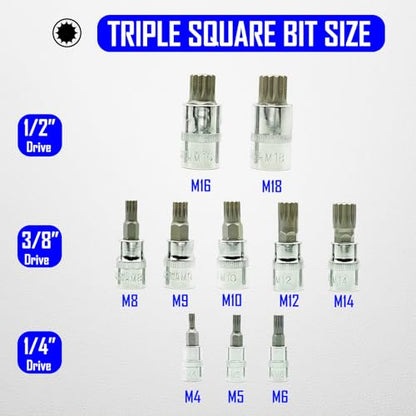 10-Pc XZN Triple Square Spline Bit Socket Set, 1/4", 3/8", 1/2" Drive, M4-M18, 12-Pt Tamper Proof - For BMW, Mercedes, VW, Audi, Porsche - color: Xzn Triple Square