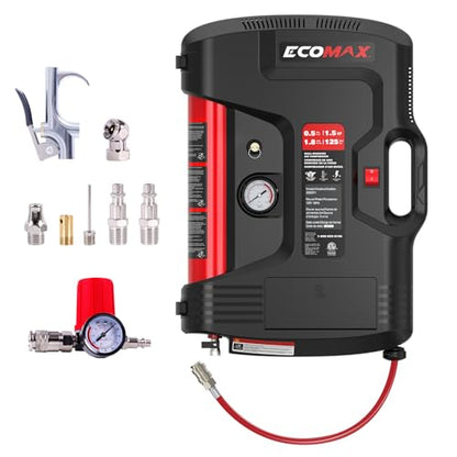 ECOMAX Wall Mount Air Compressor With 8 PCS Accessory Kit, Tire Inflator Portable Air Compressor with Retractable 30ft Air Hose, Mini Tank 125 PSI MAX Pressure & 1.5 HP for Garage and Home