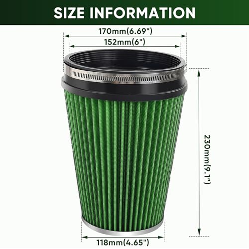 6" 152mm Cold Air Intake Filter Clamp-On Cone Filter Green - color: Green, size: 9 inches Tall