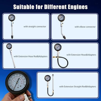 Upgraded Compression Tester & Spark Plug Tester Kit, 0-300 PSI Gauge for Gasoline/Diesel Engines, with Adapters, Hoses & Sturdy Case for Automotive Use