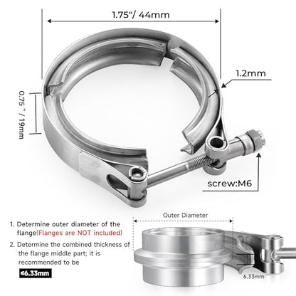 AKIHISA 1.75 Inch V Band Clamp-Stainless Steel_304, for Turbo Exhaust Down Pipe 1.75" OD Flange Kit, Racing Ford Pickup Truck Exchange Exhaust Accessories - size: 1.75"