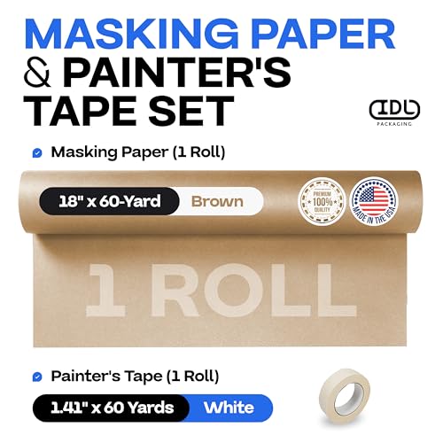 IDL Packaging 18" x 60 Yards Brown Masking Paper Set with Tape (1 Roll) - size: Brown 18" X 60 Yards, style: SET White, Pack of 1