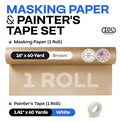 IDL Packaging 18" x 60 Yards Brown Masking Paper Set with Tape (1 Roll) - size: Brown 18" X 60 Yards, style: SET White, Pack of 1