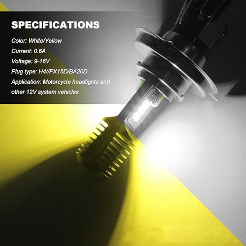 9-16V H4 LED Motorcycle Headlight Bulbs, Super Bright 3030 Chips Bulb Halogen Lamp Replacement, Waterproof High/Low Beam LED Headlight Bulb for Most Motorcycles ATVs (PX15D, White & Yellow) - color: PX15D, White & Yellow