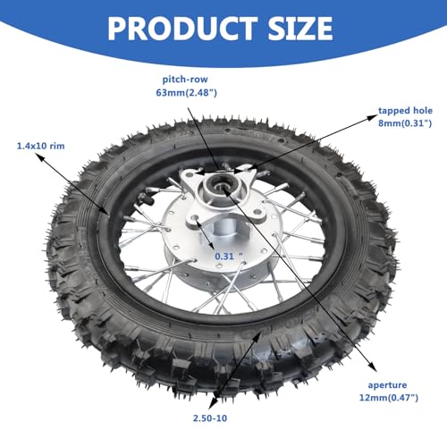 2.5-10 10 Inch Rear Wheel Tire and Rim 12mm Bearing 1.4 x 10 And Drum Brake With 420 37T Sprocket for 50/70/ 90/110cc BBR50 DRZ70 TTR50 DRZ50 CRF50 PW50 TTR50 Chinese SSR Dirt Pit Bike ATVs