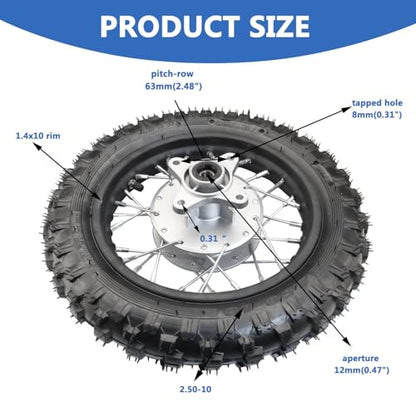 2.5-10 10 Inch Rear Wheel Tire and Rim 12mm Bearing 1.4 x 10 And Drum Brake With 420 37T Sprocket for 50/70/ 90/110cc BBR50 DRZ70 TTR50 DRZ50 CRF50 PW50 TTR50 Chinese SSR Dirt Pit Bike ATVs