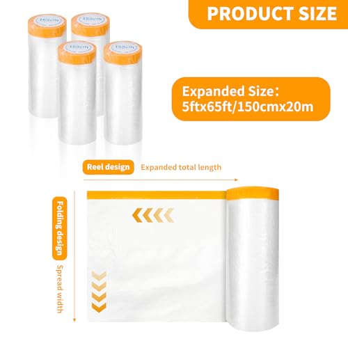 Pre-Taped Masking Film 4 Pack 59 in x 65 feet Rolls, Tape and Drape, Painters Plastic Drop Cloth for Automotive Painting Covering, House Decoration Furniture Floor Dustproof Cover - color: White, size: 59 in x 65 feet