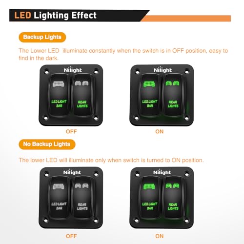Nilight 2 Gang Rocker Switch Panel SPST On Off 12 Volt Toggle Green - color: Green, size: 2 Gang