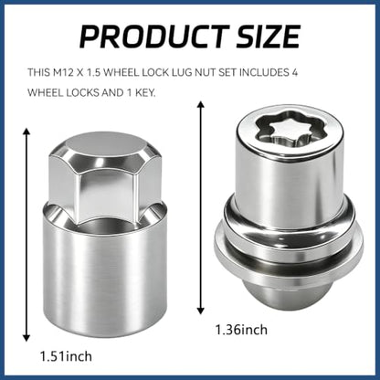 M12 x 1.5 Wheel Lock Lug Nuts Set,Anti-Theft Wheel Lock Kit with Key