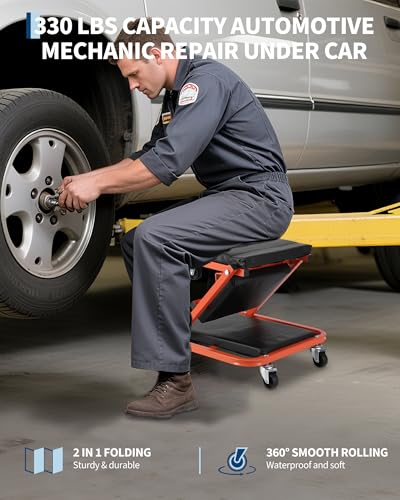 36 Inch 2-in-1 Foldable Z-Creeper Seat with Wheels, Rolling Mechanic Creeper Under Car, 330 LBS Weight Capacity Garage Shop Repair Stool with 6 Swivel Casters for Automotive Maintenance