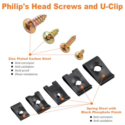 200Pcs Car U-Nuts Clips and Screw Assortment Kit, 11 Different Sizes Automotive U-Clip & Screw Parts for Dash Door Panel Interior, M6 Engine Under Cover Undertray Splash Shield Guard Bolts