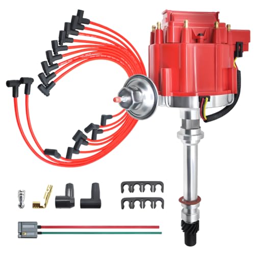 MAS Red Cap Distributor & Spark Plug Wires & Free Tachometer Pigtail Wire Harness Combo Kit Cap and Rotor Compatible with Chevy 305 454 C10 GMC SBC BBC 350 400