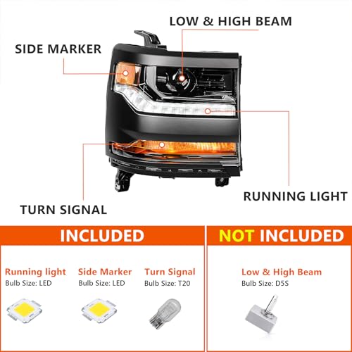 FIONE HID Headlights Compatible with Chevy Silverado 1500 2016-2018/2019 Silverado 1500 LD W/O Bulbs Black Housing Headlamp Left Driver+Right Passenger Side - color: Black, size: PA(Driver&Passenger)