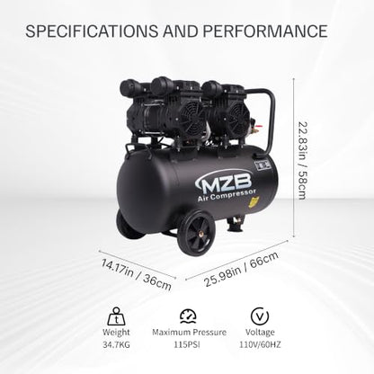 13.2 Gallon Ultra Quiet Air Compressor 115PSI Steel Tanks 70dB Noise Level Oil Free Air Compressor - size: 1.5HP - 13.2Gal