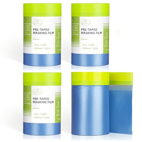 Tangibay Pre-Taped Masking Film for Painting - 22" x 66' Painters Plastic Sheeting with Automotive Paint Tape and Drape for Covering Cars, Walls, Windows and Furniture Protection (4 Rolls) - size: 4 Rolls: 22"